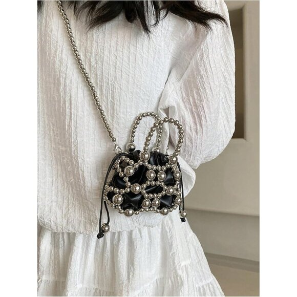 Women\'s Beaded Leather Crossbody Bag Small Faux Leather Handbag
